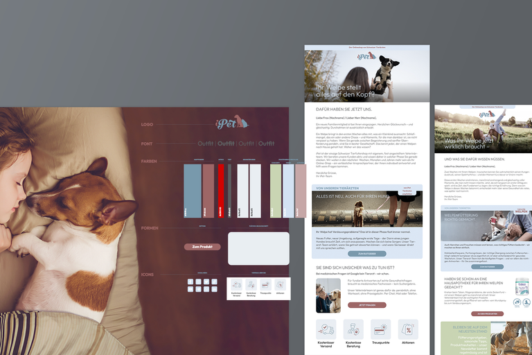 Case collage for iPet, the Swiss online pet shop run by vets: brand style guide with logo, colours and icons alongside CRM lifecycle emails about the puppy journey; on the left a child cuddling a Jack Russell puppy.