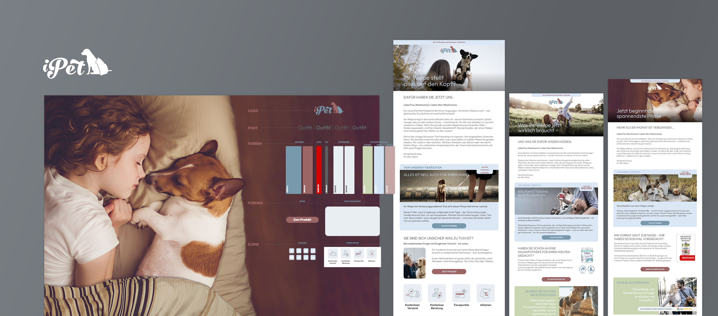 Case-Collage für iPet, den Schweizer Online-Tiershop von Tierärzten: Markenstyleguide mit Logo, Farben und Icons neben CRM-Mailings zur Welpen-Journey; links ein Kind, das mit einem Jack-Russell-Welpen kuschelt.