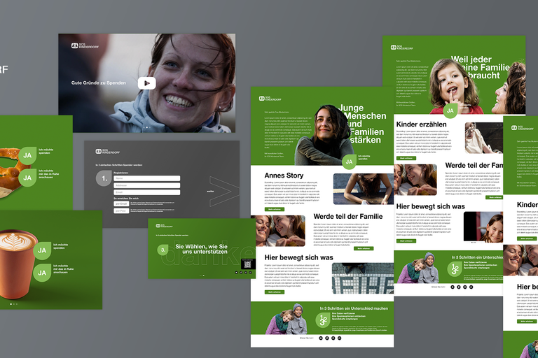 Case collage for SOS-Kinderdorf: donation landing pages, video and newsletters in the green brand design, with smiling children and families and donation calls-to-action such as "Kindern Träume schenken".