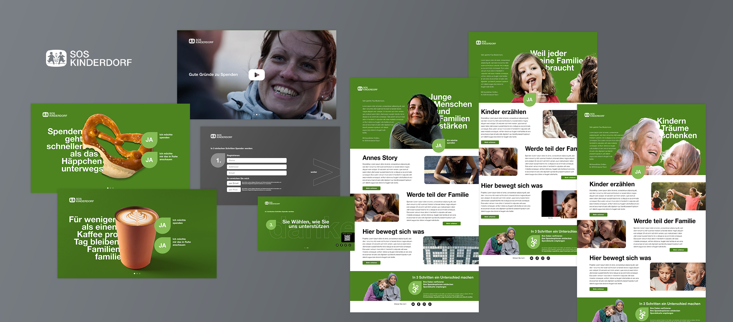 Case collage for SOS-Kinderdorf: donation landing pages, video and newsletters in the green brand design, with smiling children and families and donation calls-to-action such as "Kindern Träume schenken".